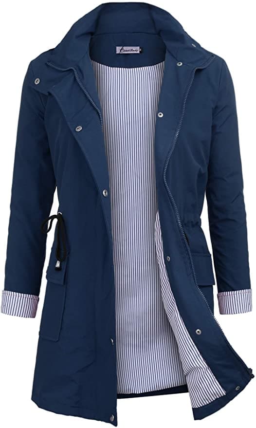 image: Lightweight perfet for trip or casual wear---Long sleeve with hooded, adjustable drawstring waist design. Button and zipper front closure raincoat, fully stripes Lined and The Raincoat has 2 side pockets are a good size to hold all kinds of things, it covers the hips, and the hood is generous but doesn't overdo it.Attached Cotton Lined Hood with Adjustable Drawstrings give it a real styled look.