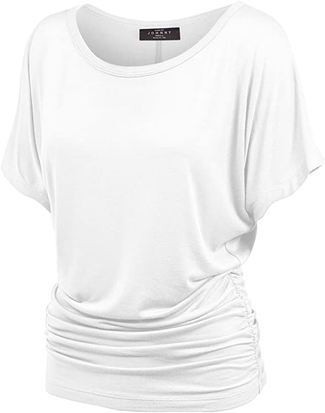 image: 95% RAYON 5% SPANDEX, Made in USA or Imported, Do Not Bleach, Lightweight fabric with great stretch for comfort, Ribbed on sleeves and neckline / Double stitching on bottom hem