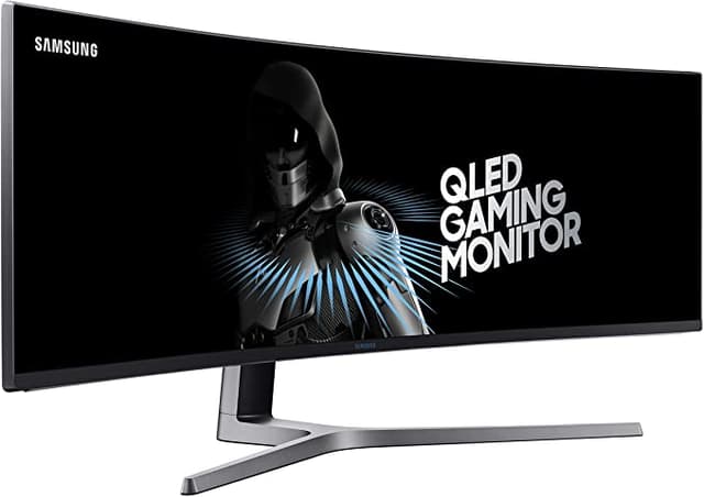 image: 49 INCH SUPER ULTRAWIDE 32:9 CURVED GAMING MONITOR with dual 27 inch screen side by side QUANTUM DOT (QLED) TECHNOLOGY, HDR support and factory calibration provides stunningly realistic and accurate color and contrast 144HZ HIGH REFRESH RATE and 1ms ultra fast response time work to eliminate motion blur, ghosting, and reduce input lag